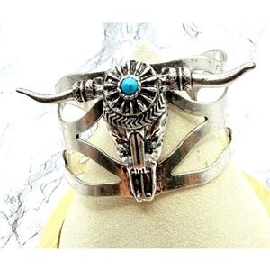 Silver Tone Longhorn Bull Skull Turquoise Open Cuff Bracelet 8 Inch